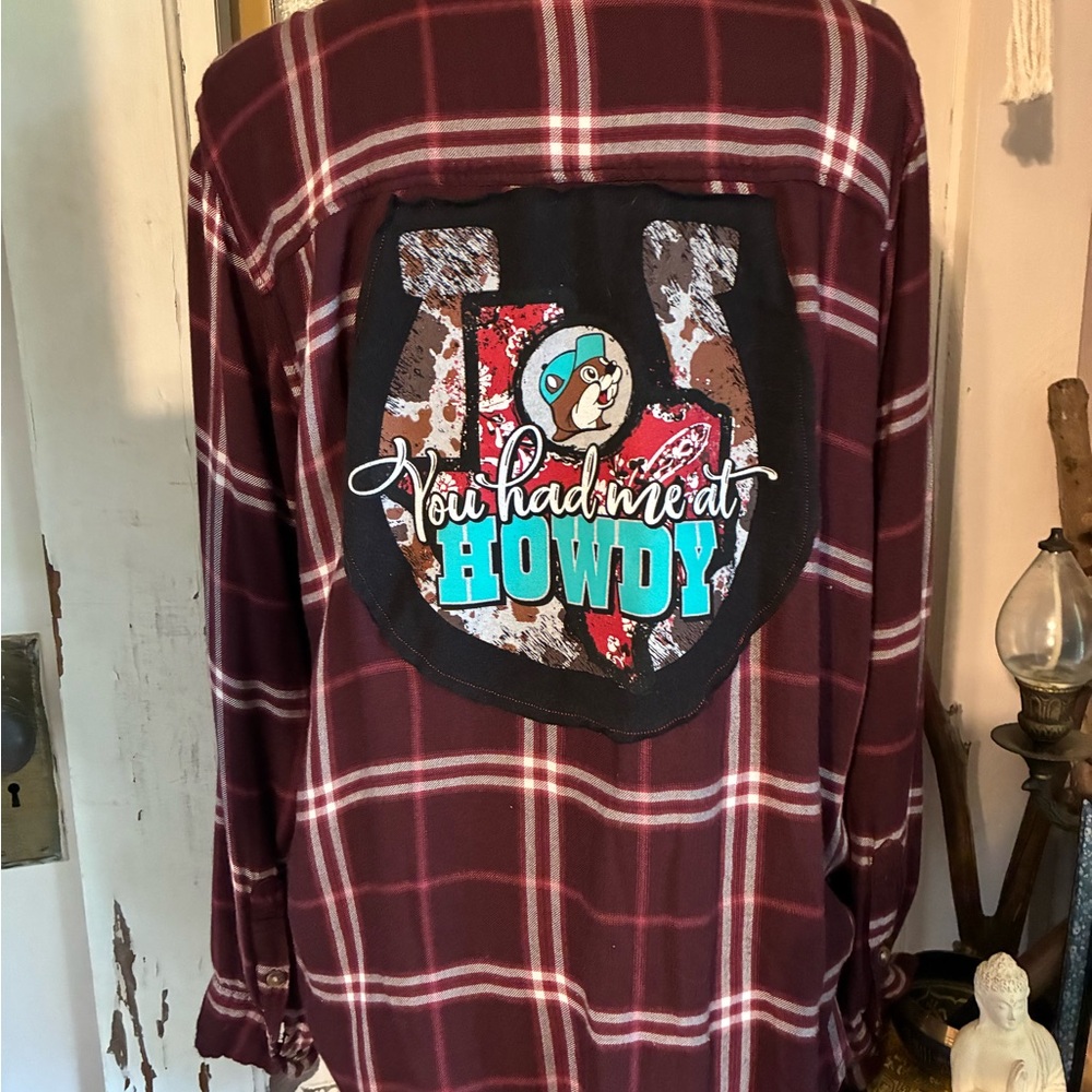 Abercrombie & Fitch Burgundy Plaid Shirt with Graphic Patch